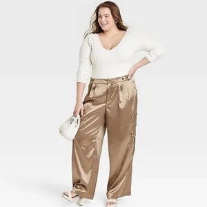 A New Day Satin Wide-Leg Cargo Pants in Bronze Sz 16 NWT